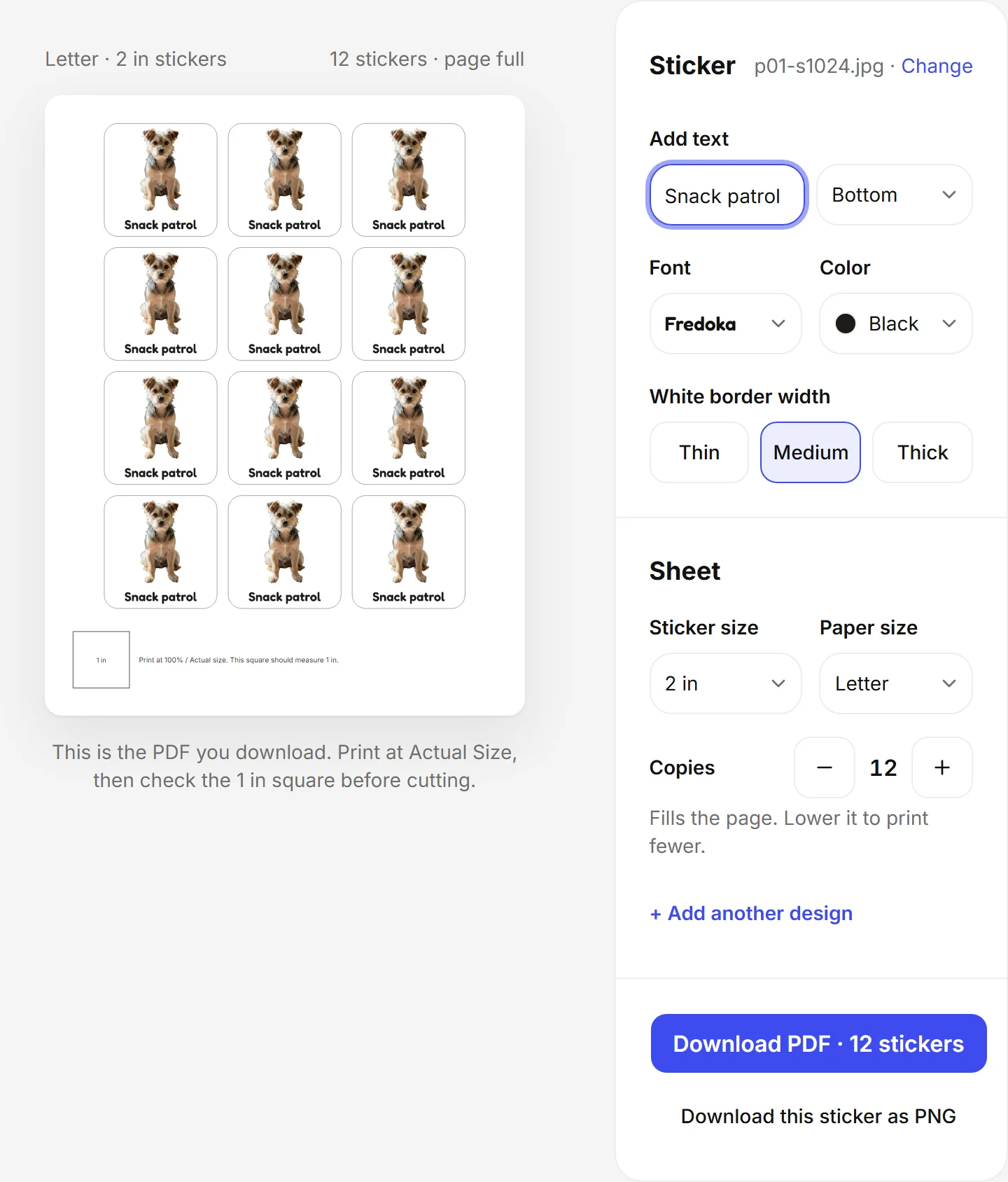 Sticker editor with Medium selected under White border width and the caption Snack patrol typed in
