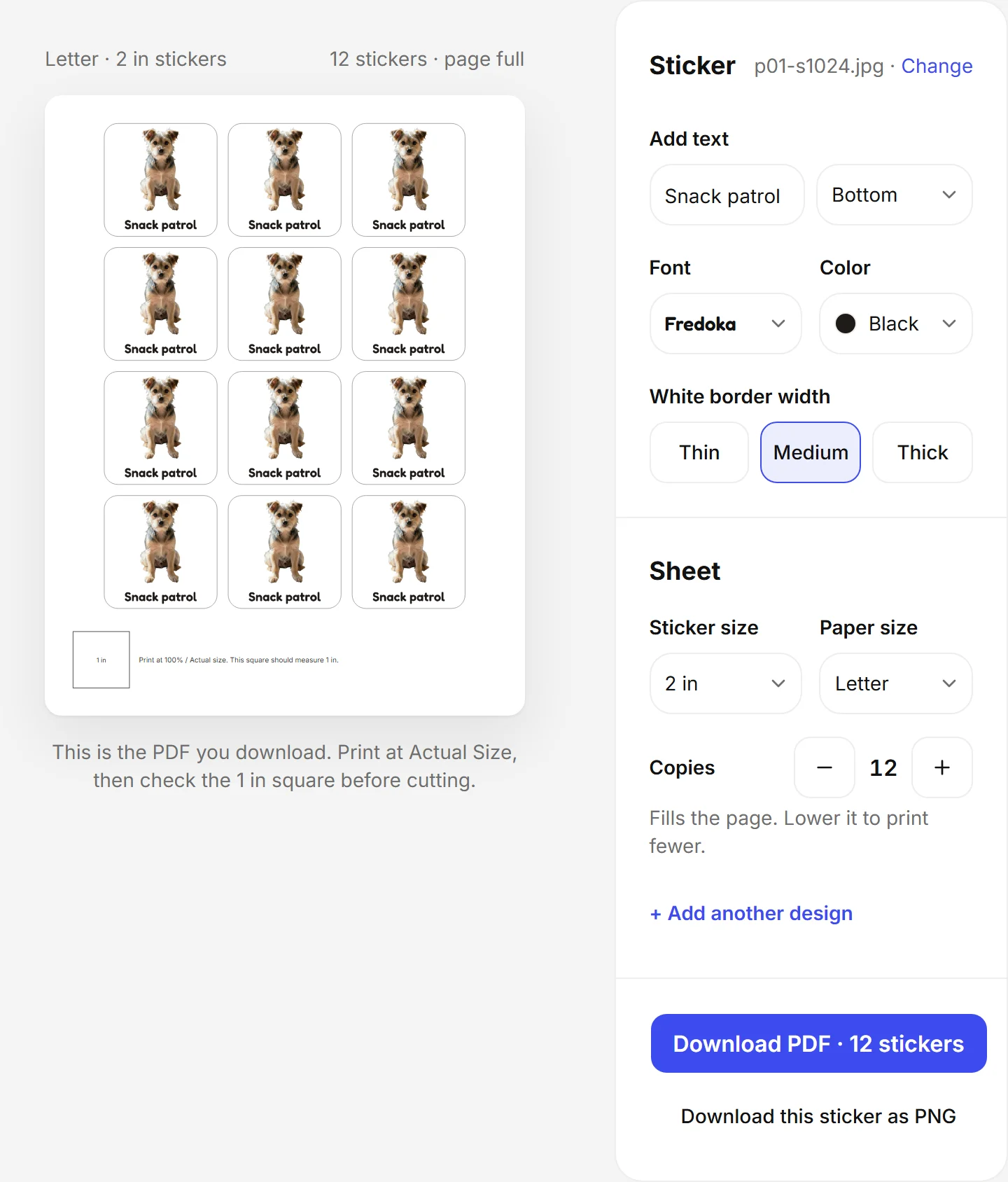Sticker editor with Letter paper, 12 Snack patrol stickers and the Download PDF button