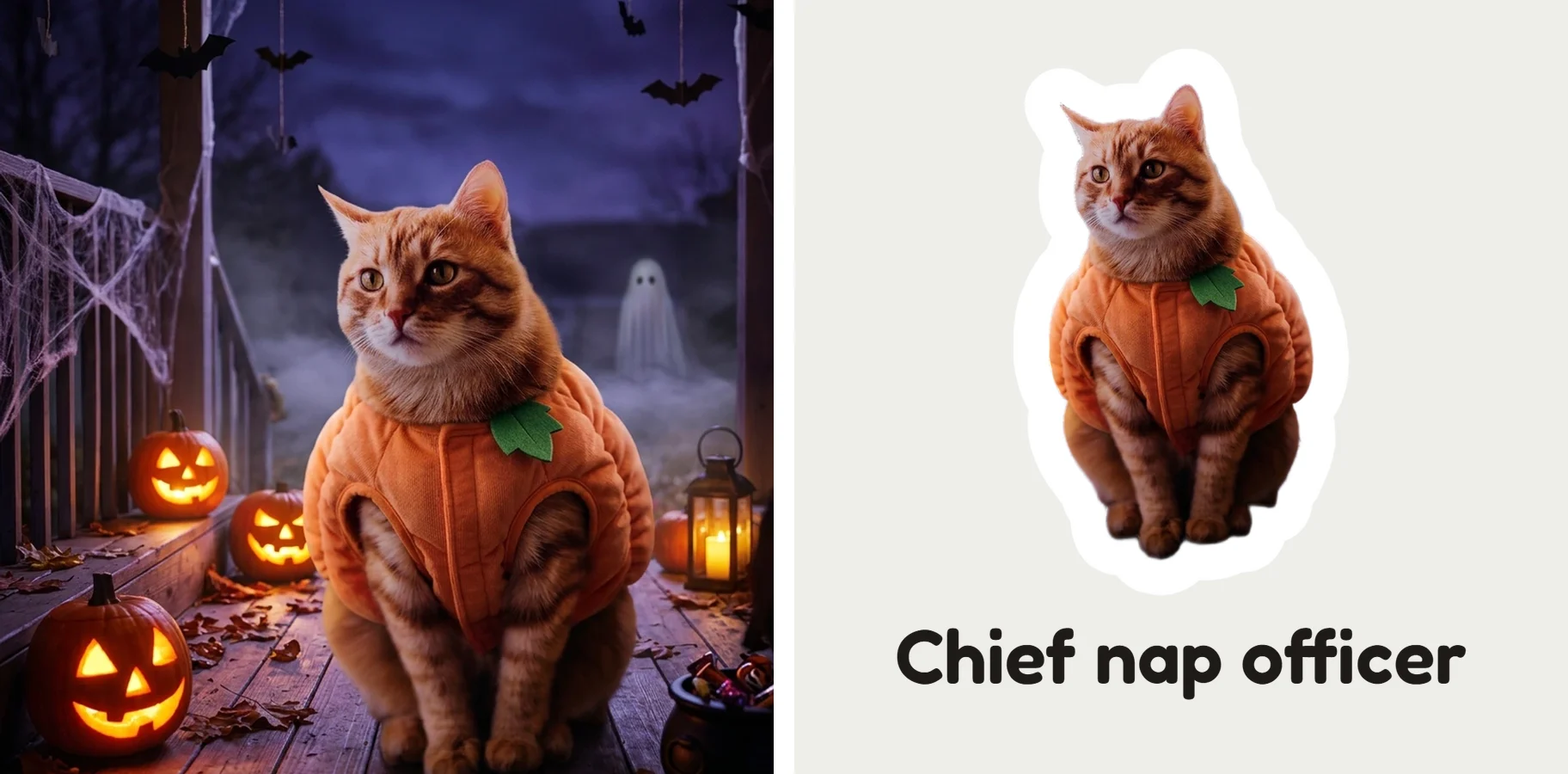 Cat in a pumpkin costume on a porch beside its thick-border sticker reading Chief nap officer