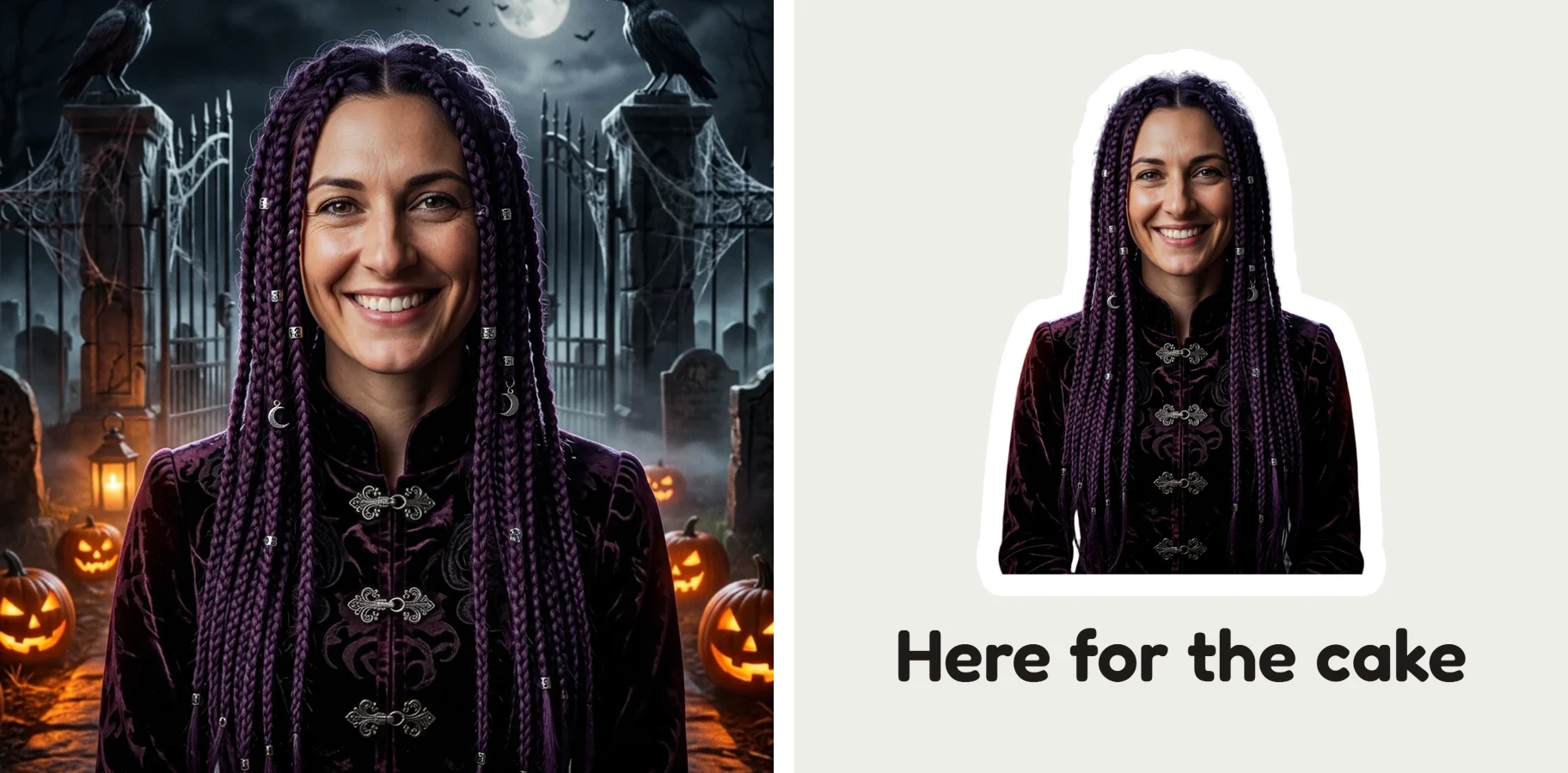 Woman with purple braids in a graveyard beside her sticker captioned Here for the cake