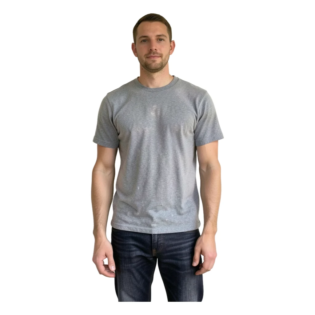 Sticker of a man in a grey T-shirt with a clean white outline and no background