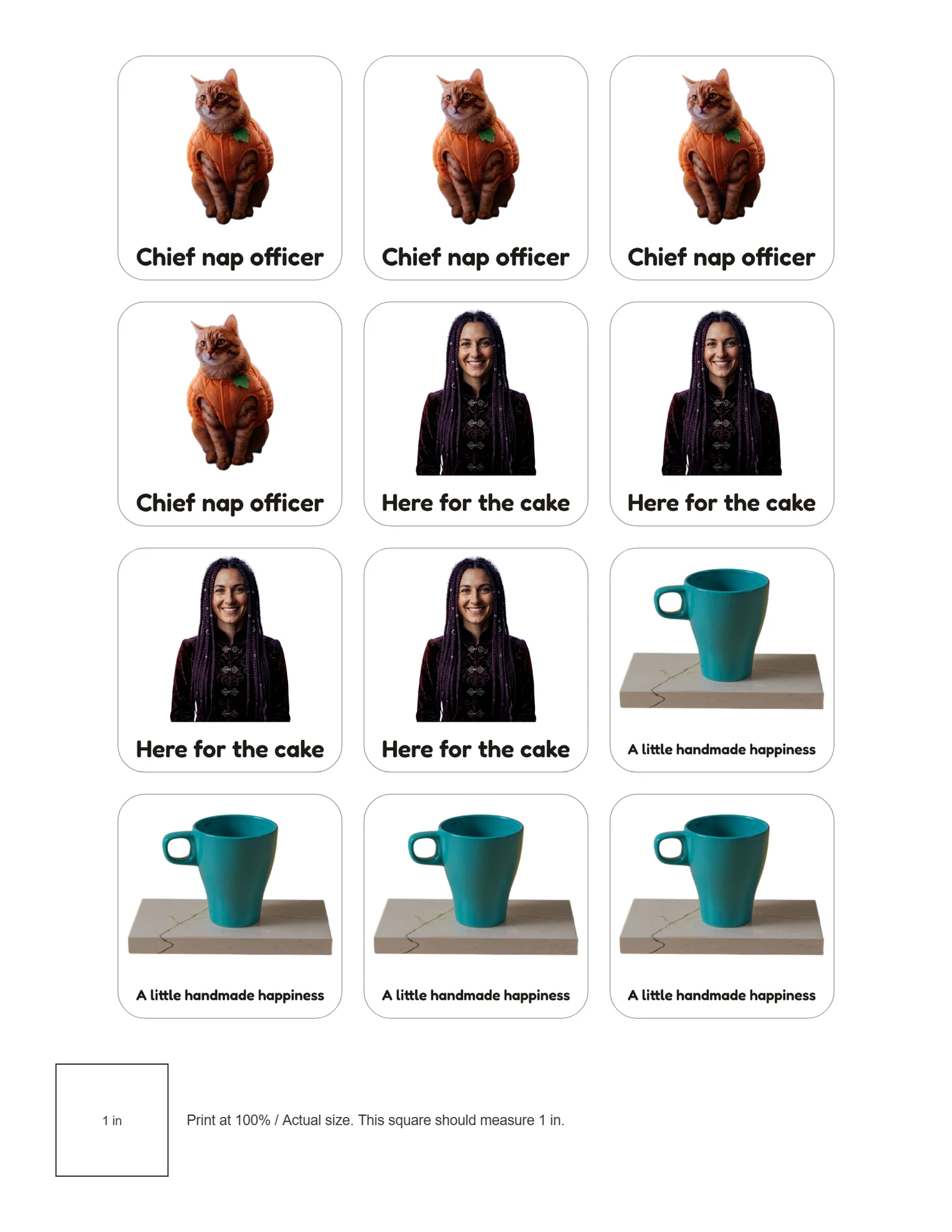Letter PDF of 12 cat, portrait and mug stickers with grey cut lines and calibration square