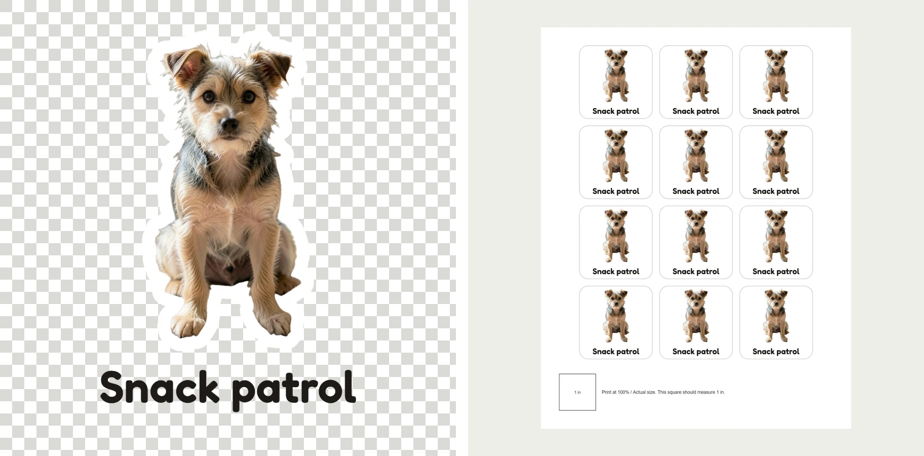 Terrier sticker PNG on a transparent checkerboard beside a Letter PDF of 12 stickers