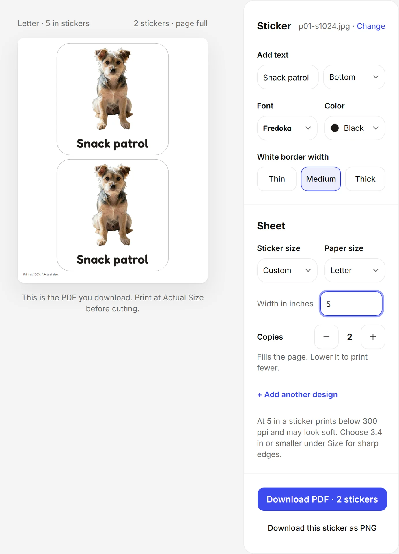 Sticker editor at a custom 5 in width warning it prints below 300 ppi
