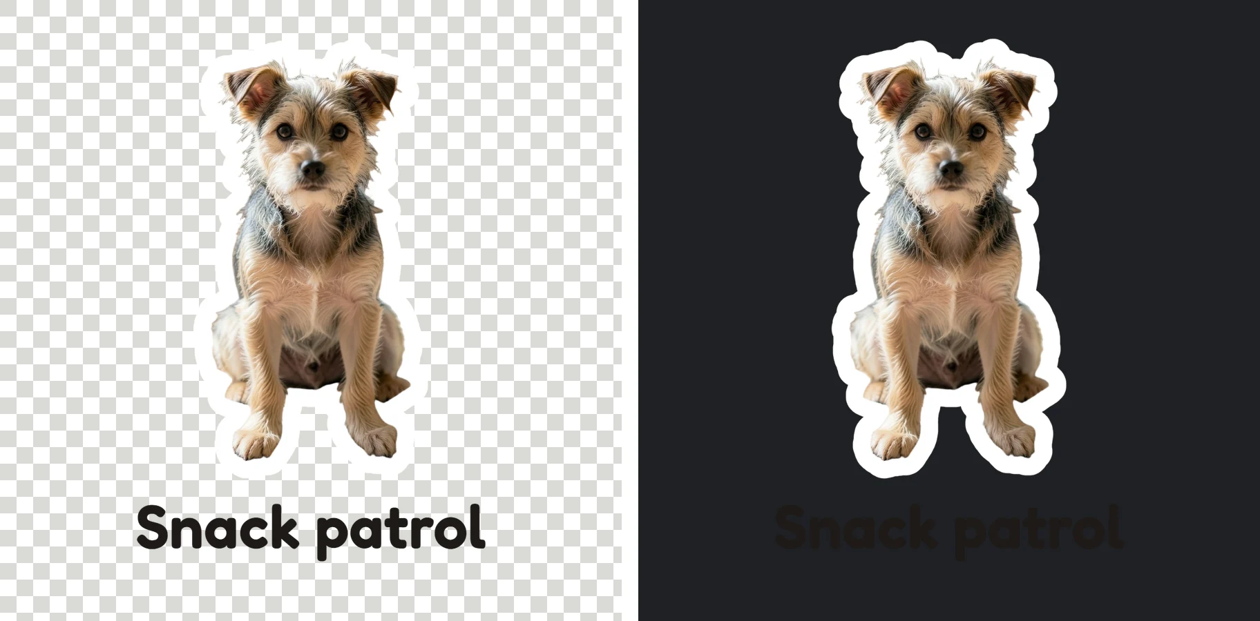 The same terrier sticker on a checkerboard and on a dark background, showing the white border