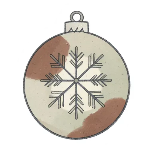 Hand-drawn round oatmeal ornament bauble sticker with a charcoal snowflake and brown patches