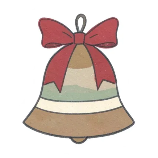 Hand-drawn striped jingle bell sticker in brown, sage and oatmeal with a cranberry bow