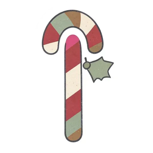 Hand-drawn cranberry, sage and oatmeal striped candy cane sticker with a holly leaf
