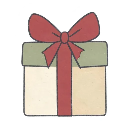 Hand-drawn cream gift box sticker with a sage lid and cranberry ribbon bow