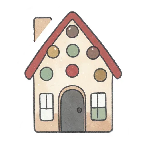 Hand-drawn gingerbread house sticker with cranberry roof, round gumdrops and a brown door