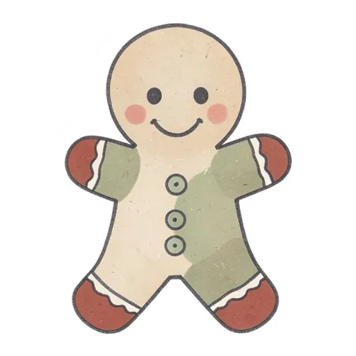 Hand-drawn gingerbread person sticker in oatmeal and sage with brown icing trim and buttons
