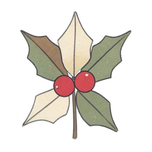 Hand-drawn holly sprig sticker with sage and cream leaves and two red berries