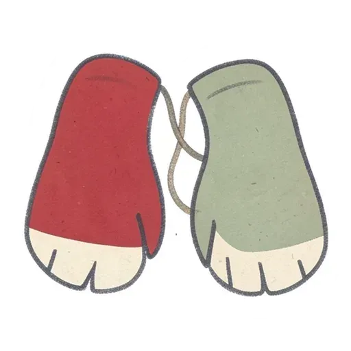 Hand-drawn pair of cranberry and sage mittens sticker with cream cuffs and a string