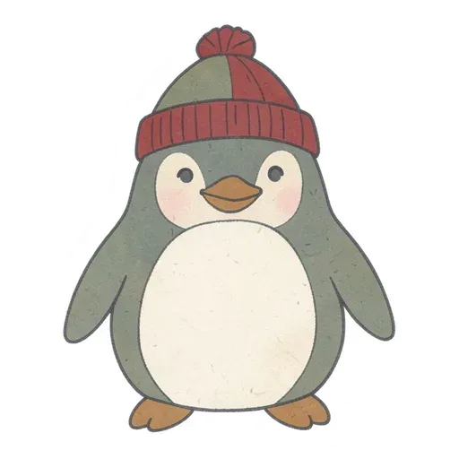 Hand-drawn grey penguin sticker wearing a cranberry and sage knit hat