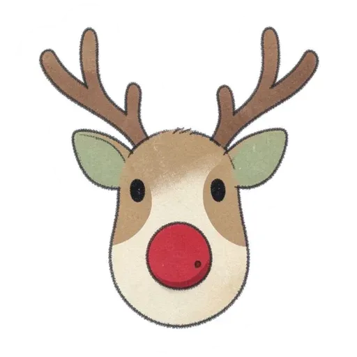 Hand-drawn reindeer face sticker with a red nose, sage ears and brown antlers