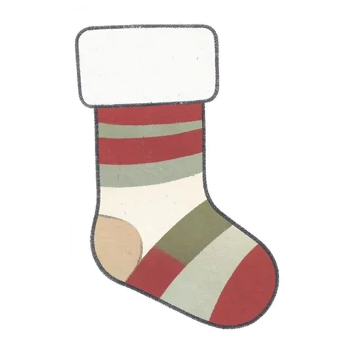 Hand-drawn striped stocking sticker in cranberry, sage and oatmeal with a cream cuff