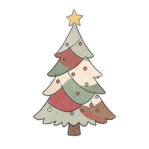 Hand-drawn Christmas tree sticker with sage, cranberry and oatmeal layers and a gold star