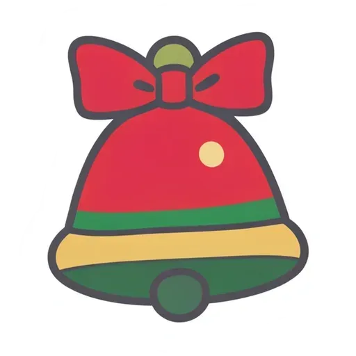 Cute red jingle bell sticker with green and gold stripes and a red bow