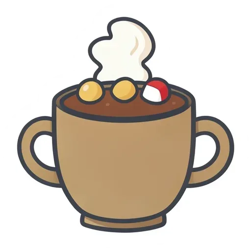 Cute mug of hot cocoa sticker topped with whipped cream and round marshmallows