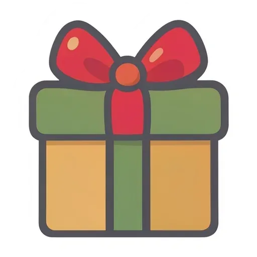 Cute wrapped gift box sticker in gold paper with a green ribbon and red bow
