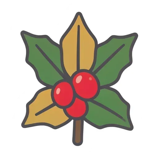 Cute holly sprig sticker with green and gold leaves and three red berries
