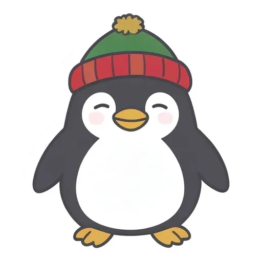 Cute sleepy penguin sticker wearing a green and red knit hat with a pompom