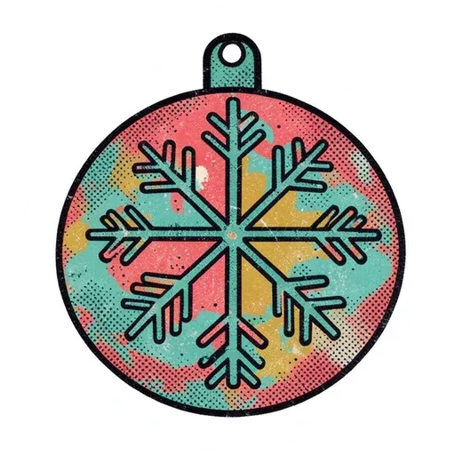 Vintage-print round red and teal ornament bauble sticker with a teal snowflake design