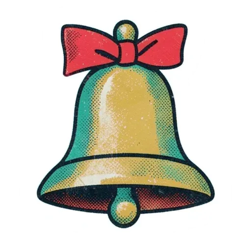 Vintage-print mustard jingle bell sticker with a red ribbon bow on top