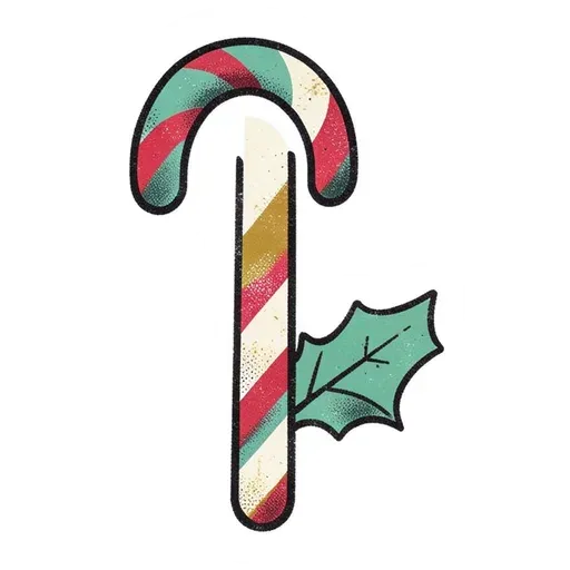 Vintage-print red and teal striped candy cane sticker with a teal holly leaf