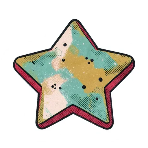 Vintage-print star cookie sticker with red edging and faded teal and mustard icing