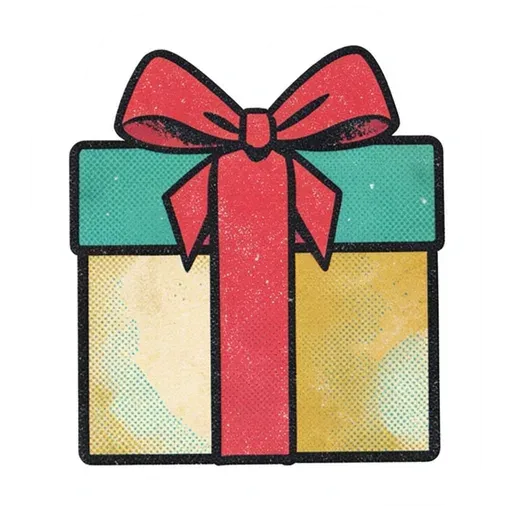 Vintage-print gift box sticker with teal lid, mustard paper and a red ribbon bow