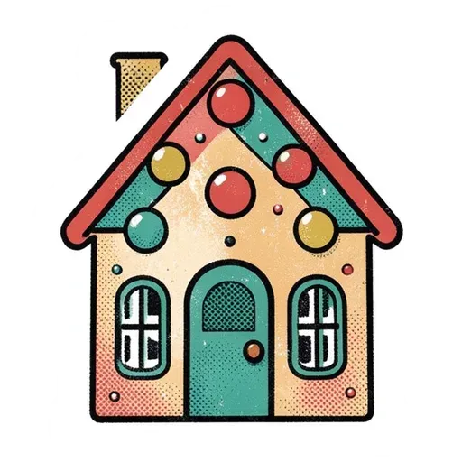 Vintage-print gingerbread house sticker with red roof trim, round gumdrops and teal door