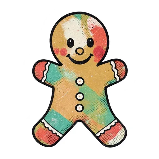 Vintage-print gingerbread person sticker in faded red, teal and mustard with icing trim