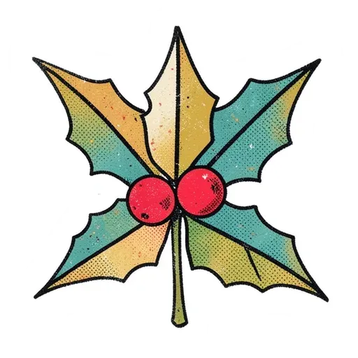Vintage-print holly sprig sticker with teal and mustard leaves and two red berries