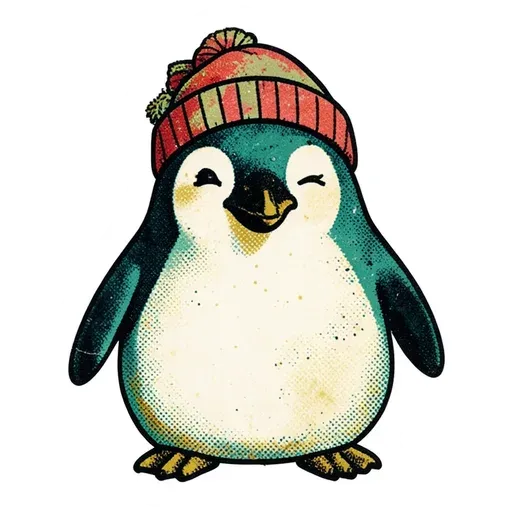 Vintage-print smiling penguin sticker wearing a red and mustard knit hat with pompom