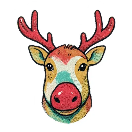 Vintage-print reindeer face sticker with a red nose, teal cheeks and red antlers