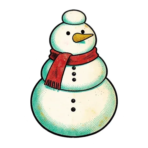 Vintage-print snowman sticker with a red striped scarf, carrot nose and coal buttons