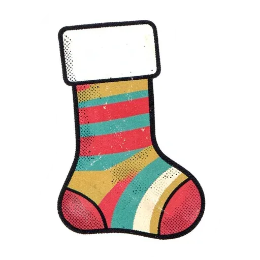 Vintage-print striped Christmas stocking sticker in red, teal and mustard with white cuff
