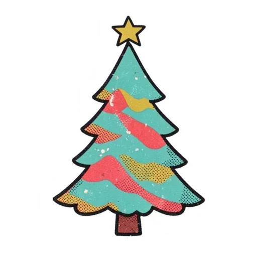 Vintage-print Christmas tree sticker with teal, red and mustard bands and a gold star