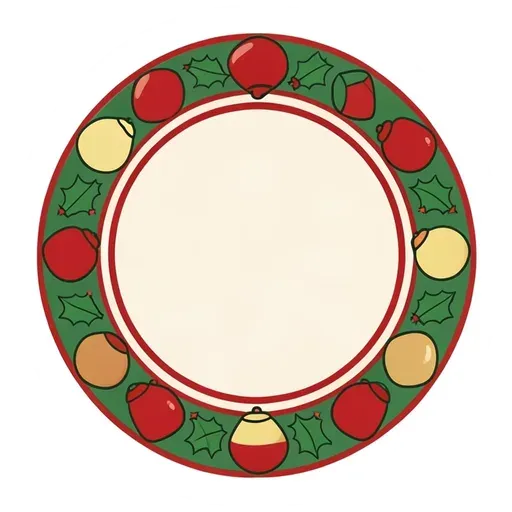 Round green badge sticker with red and gold jingle bells and holly, blank cream center