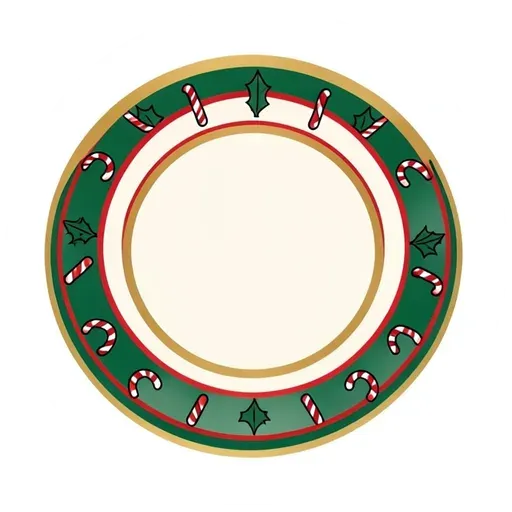 Round badge sticker with a green band of little candy canes and blank cream center
