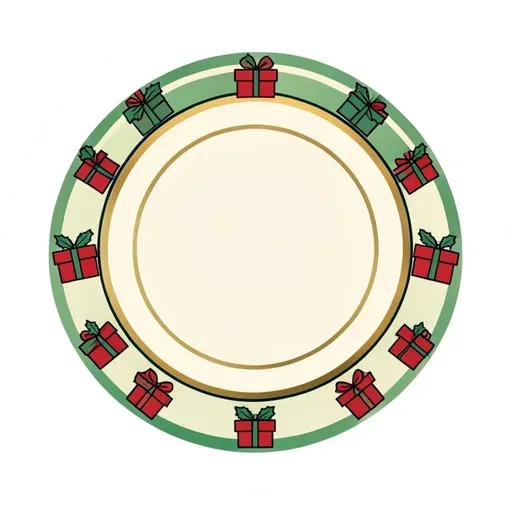 Round badge sticker with a sage band of tiny wrapped gift boxes and blank cream center
