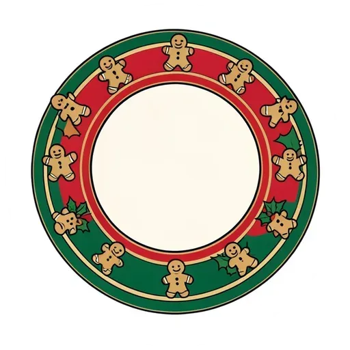 Round badge sticker with a red band of little gingerbread people and blank cream center