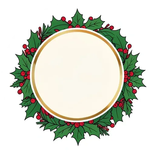 Round cream badge sticker ringed with holly leaves and red berries, blank center circle