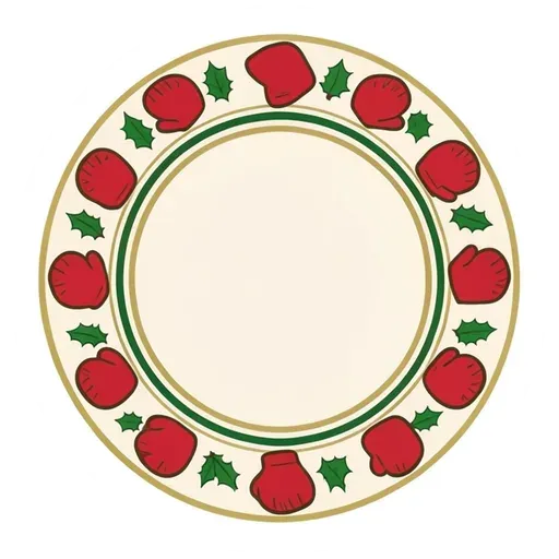 Round cream badge sticker ringed with red mittens and holly leaves, blank center circle