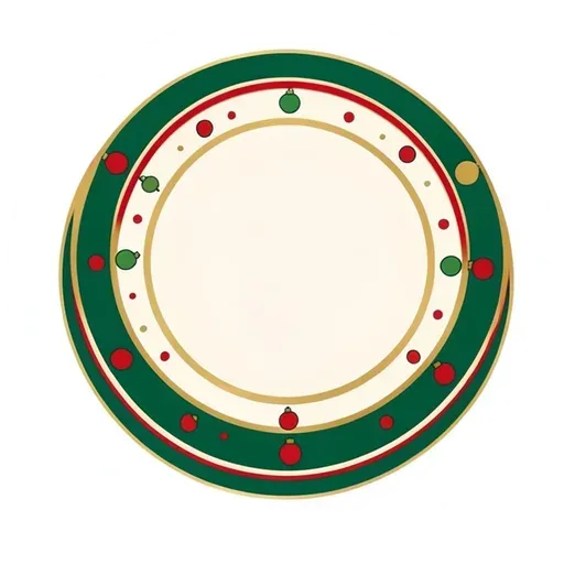 Round badge sticker with a green band of tiny ornament baubles and blank cream center