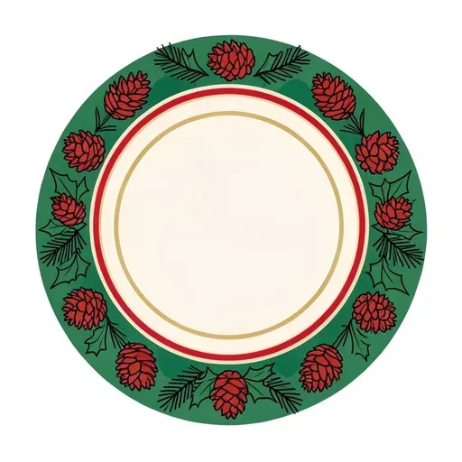 Round badge sticker with a green band of pine cones and blank cream center circle