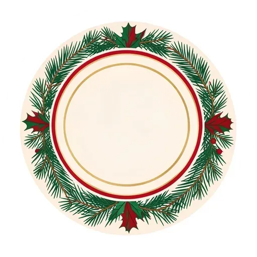 Round cream badge sticker framed by green pine sprigs and a red ring, blank center