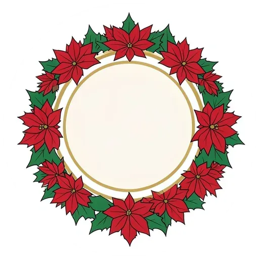 Round badge sticker ringed with red poinsettia flowers and green leaves, blank cream center