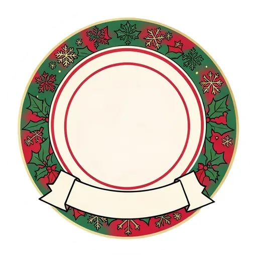 Round badge sticker with holly and snowflakes, a blank ribbon banner and blank cream center